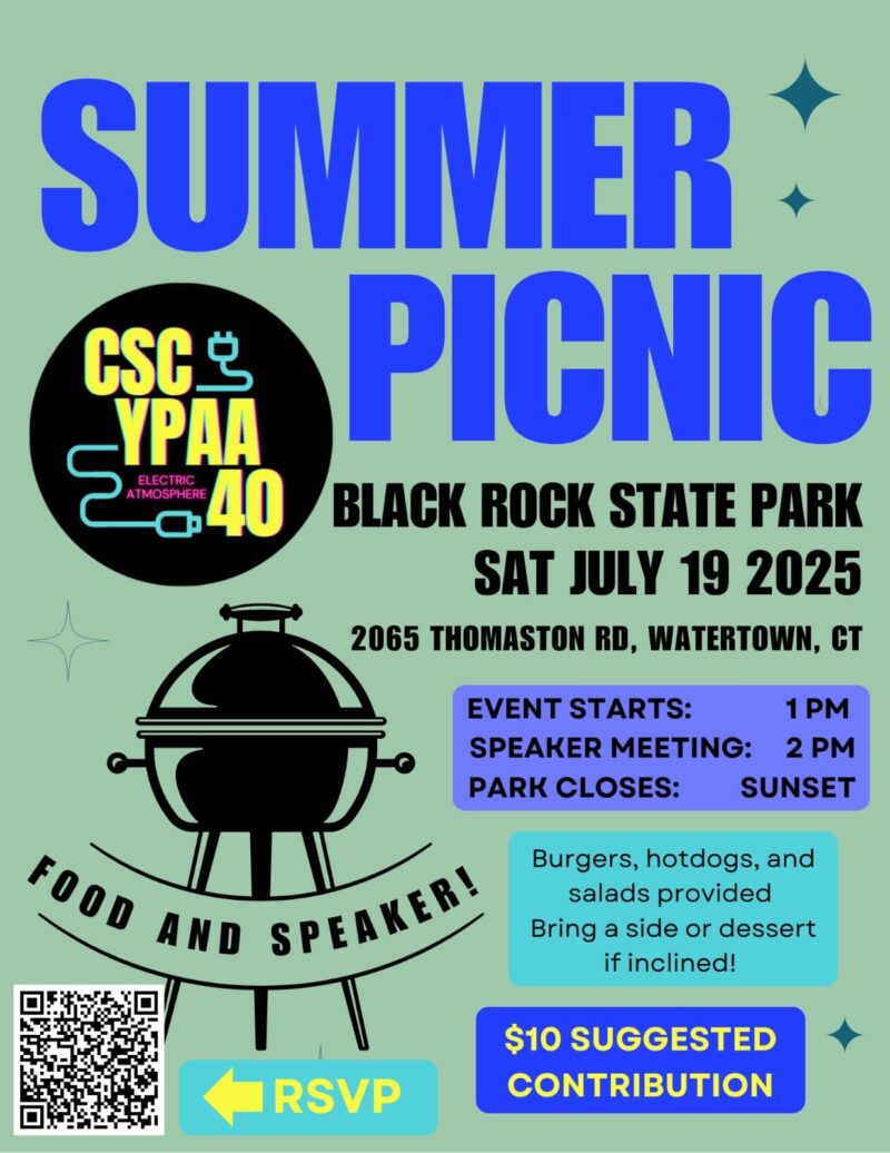 Summer Picnic event on July 19, 2025, featuring food, speakers, and activities at Black Rock State Park.