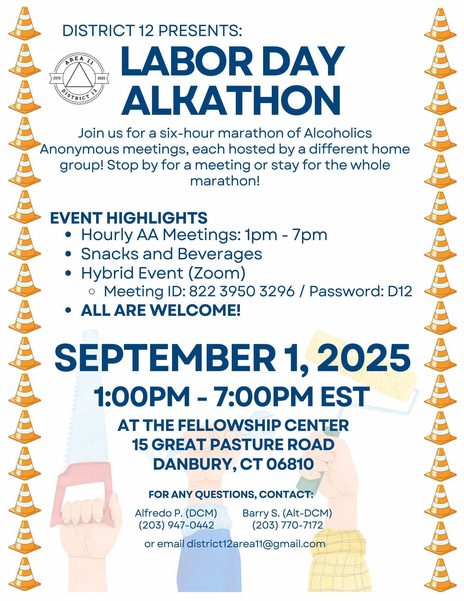 Flyer for Alkaholics Anonymous marathon on Sept 1, 2023, at 1 PM via Zoom and in person.